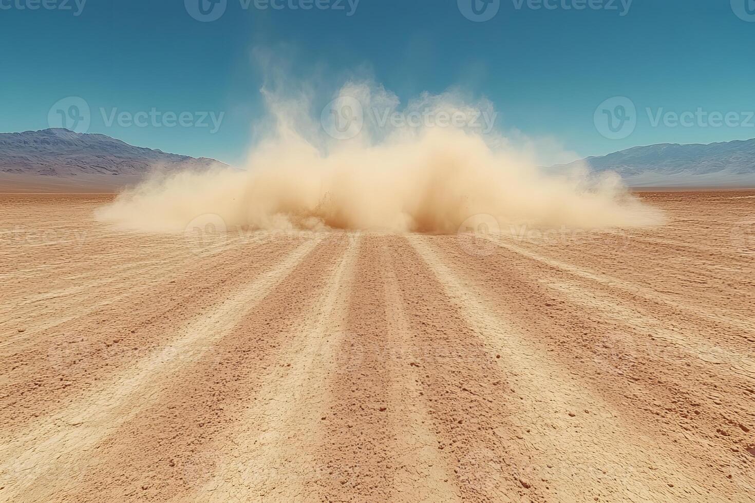 Dust Storm Over Arid Desert Landscape Under Clear Blue Sky photo