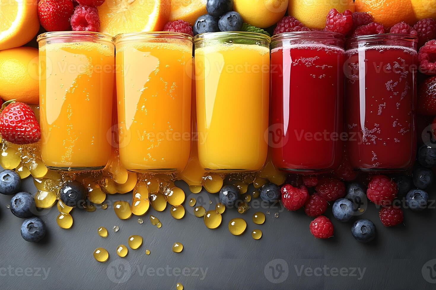 Variety of Fresh Fruit Juices Against Vibrant Berry and Citrus Background for Refreshing Summer Themes photo