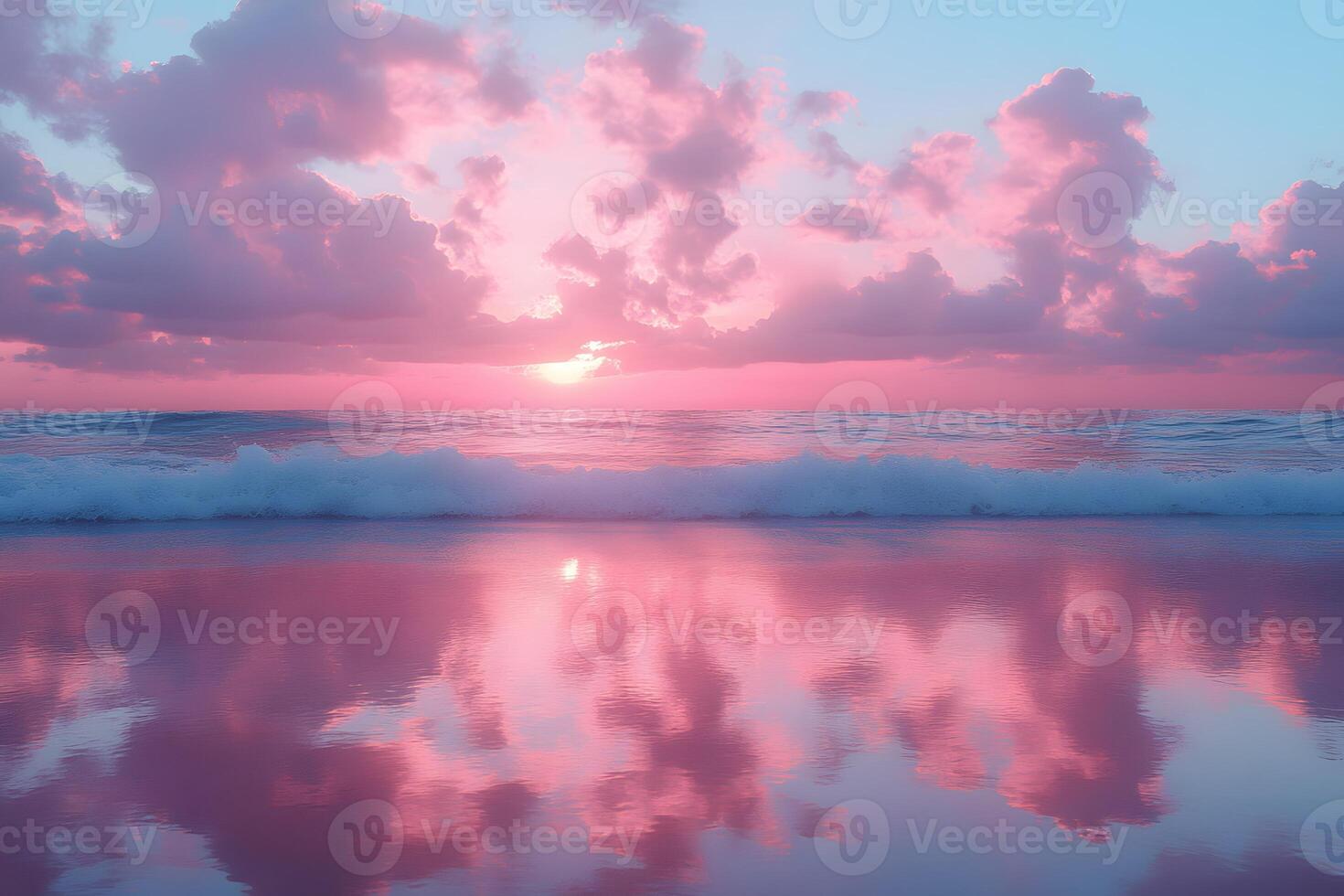 Tranquil Sunset Over Ocean Waves with Pink Cloud Reflections for Serene Wall Art and Design photo