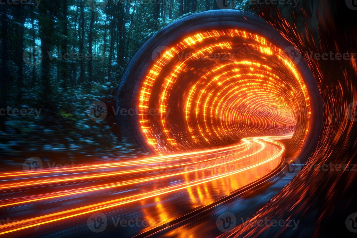 Futuristic Speed Tunnel in a Forest with Glowing Light Trails photo