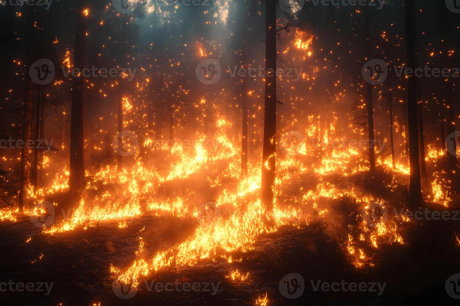 Intense Forest Fire Scene with Flames and Smoke for Environmental Awareness and Safety photo