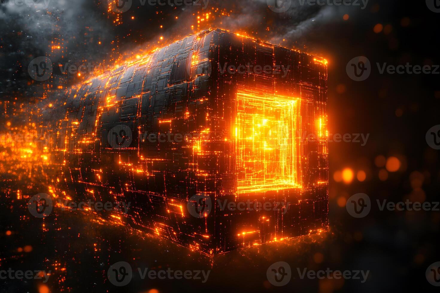 Futuristic Data Cube in a Digital Space with Glowing Orange Lights photo