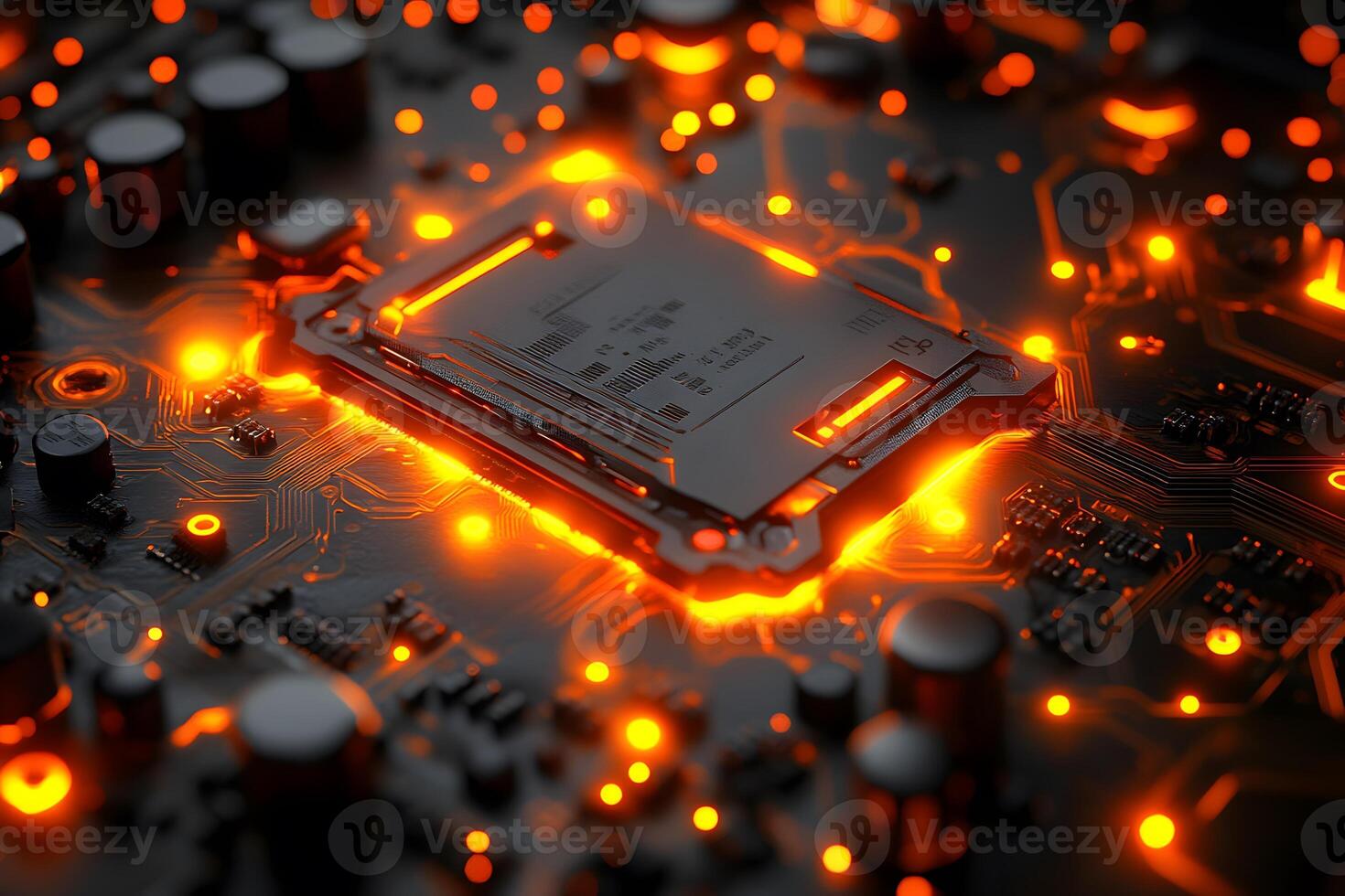 Glowing Circuit Board with Illuminated Microchip for Technology Design photo