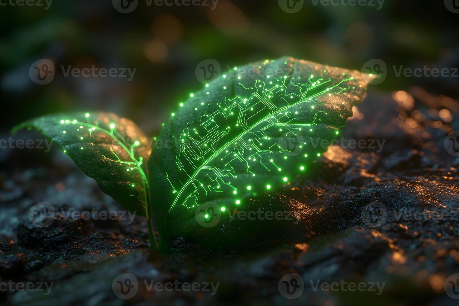 Futuristic Green Technology - Circuitry Embedded Leaf Concept for Eco Innovation photo