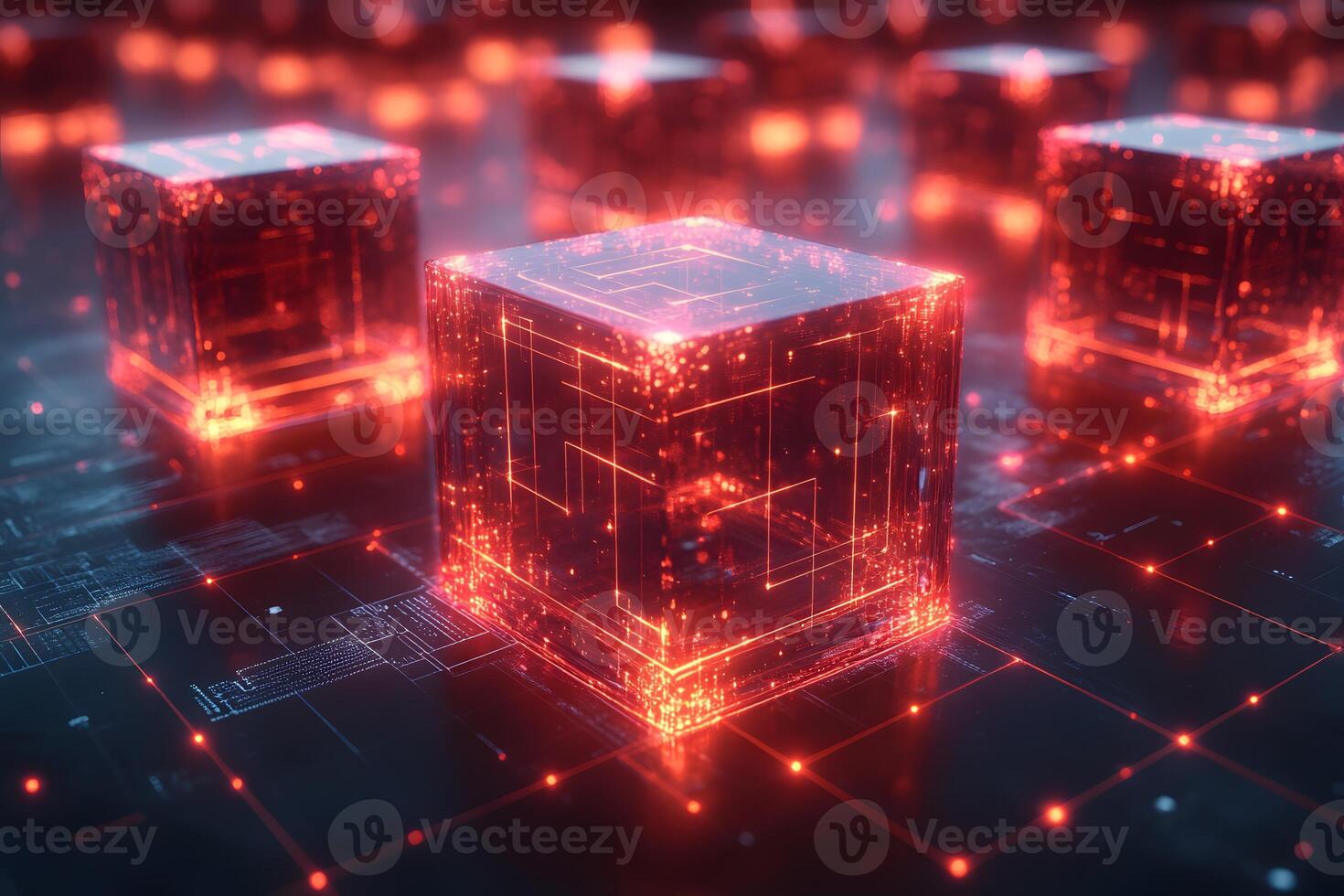 Futuristic Digital Blockchain Concept with Glowing Red Cubes for Technology Design photo