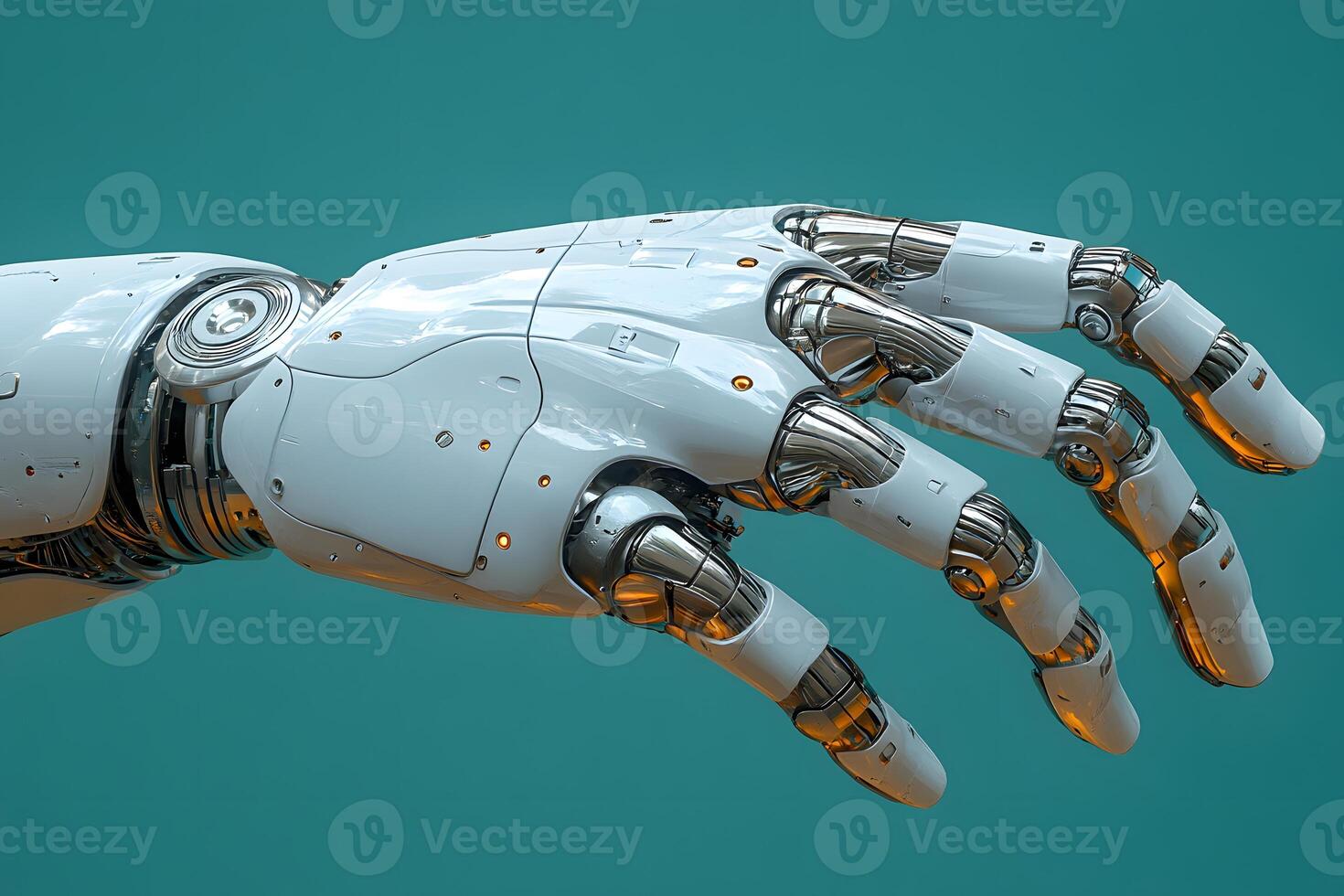 Futuristic Robotic Hand with Metallic Components Against Teal Background for Technology Design photo