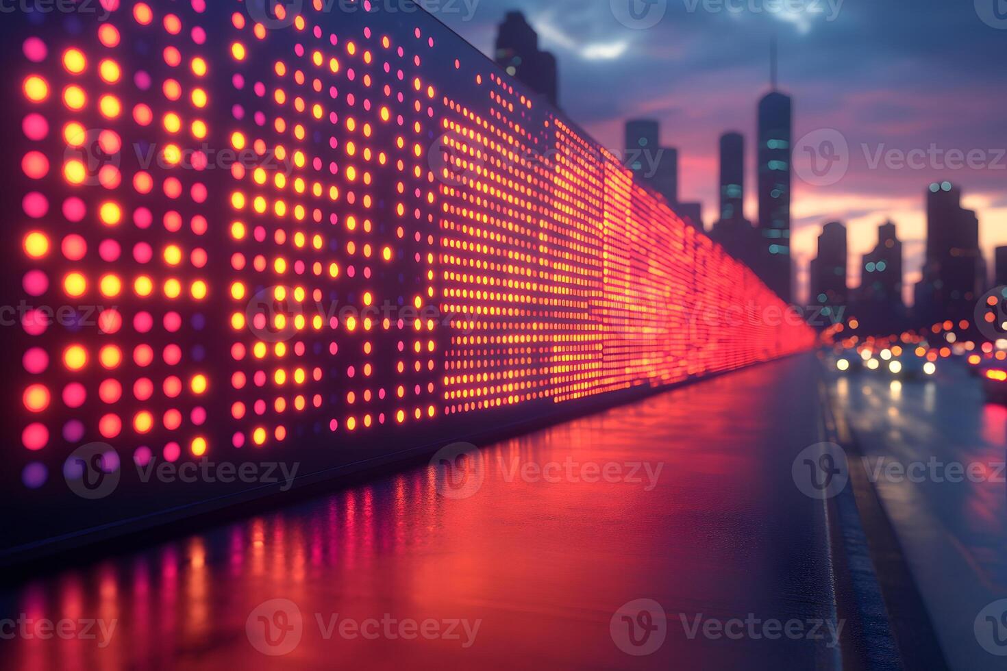 Urban Nightscape with Illuminated LED Display Wall in Modern City Skyline photo