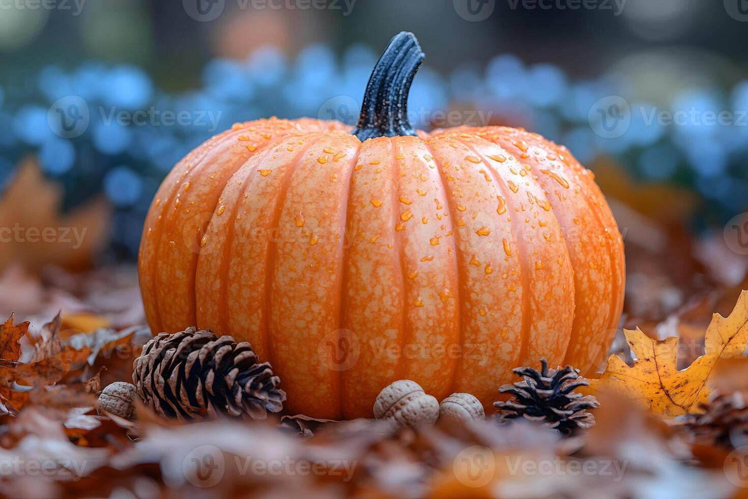 Autumn Harvest Pumpkin with Dew and Pine Cones in a Leafy Setting photo