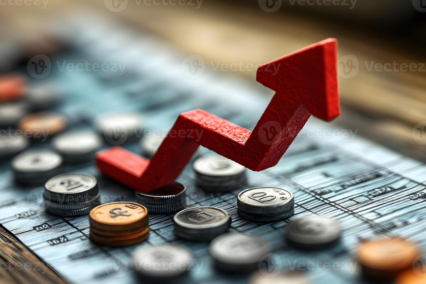 Financial Growth Concept with Rising Arrow and Stacked Coins on Financial Chart photo