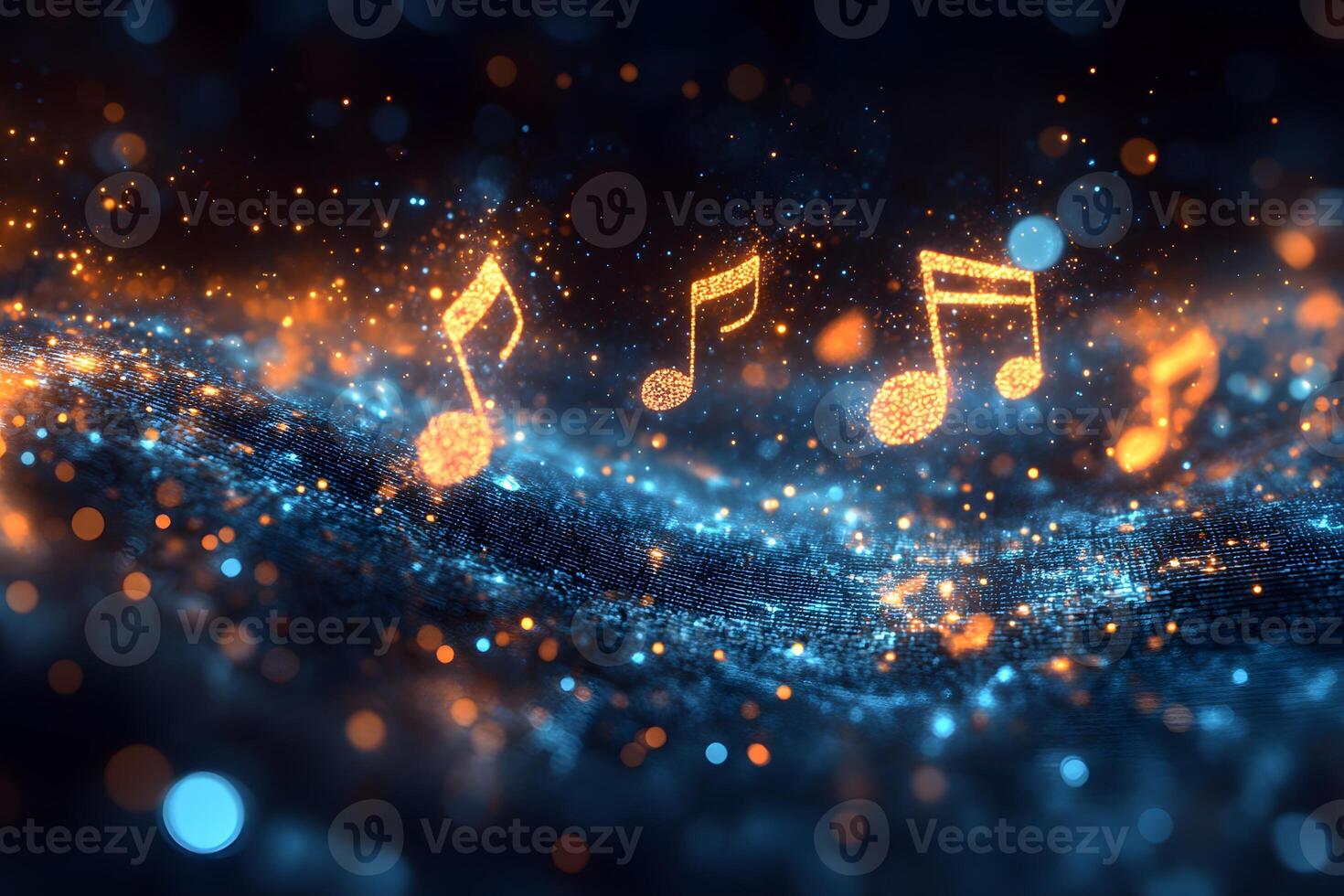 Abstract Neon Music Notes in a Dynamic Digital Landscape for Creative Design photo