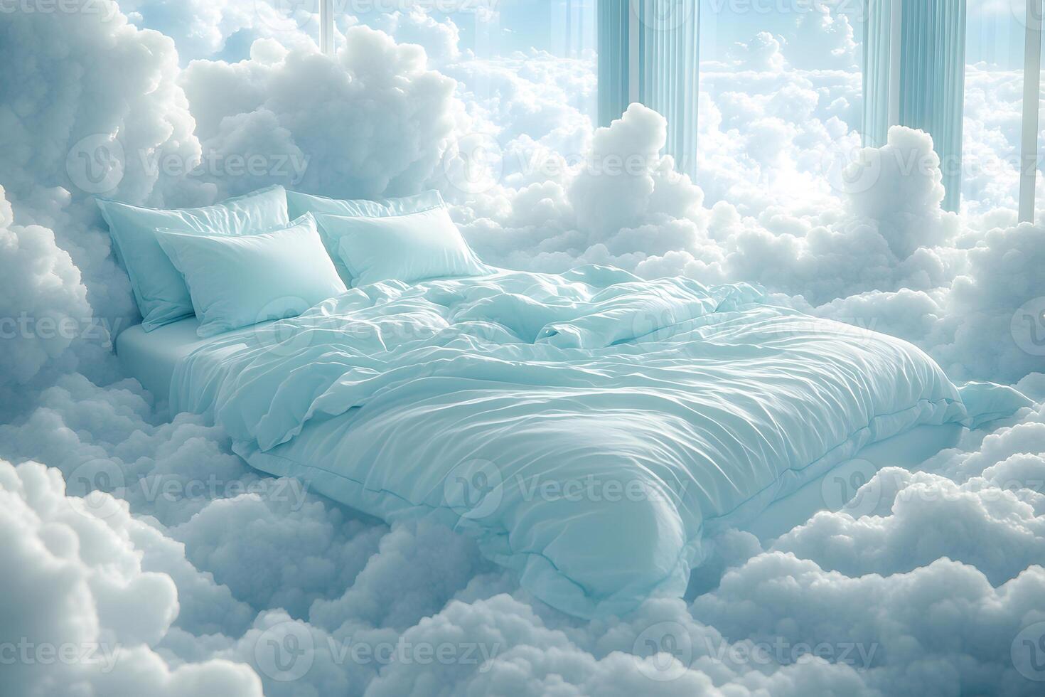 Dreamlike Bedroom Scene with Fluffy Clouds and Soft Blue Bedding photo