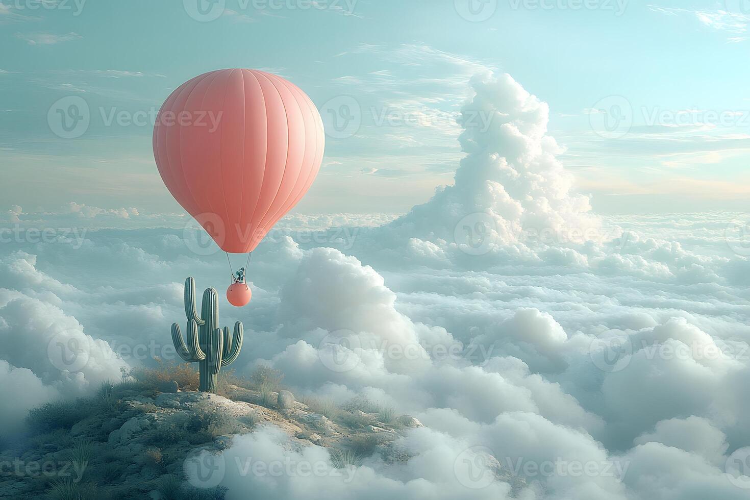 Surreal Hot Air Balloon Journey Over Clouds and Cactus in Dreamlike Landscape photo