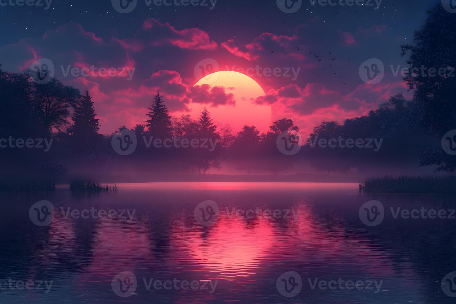 Serene Sunset Over Calm Lake with Vibrant Clouds for Tranquil Evening Scenes photo