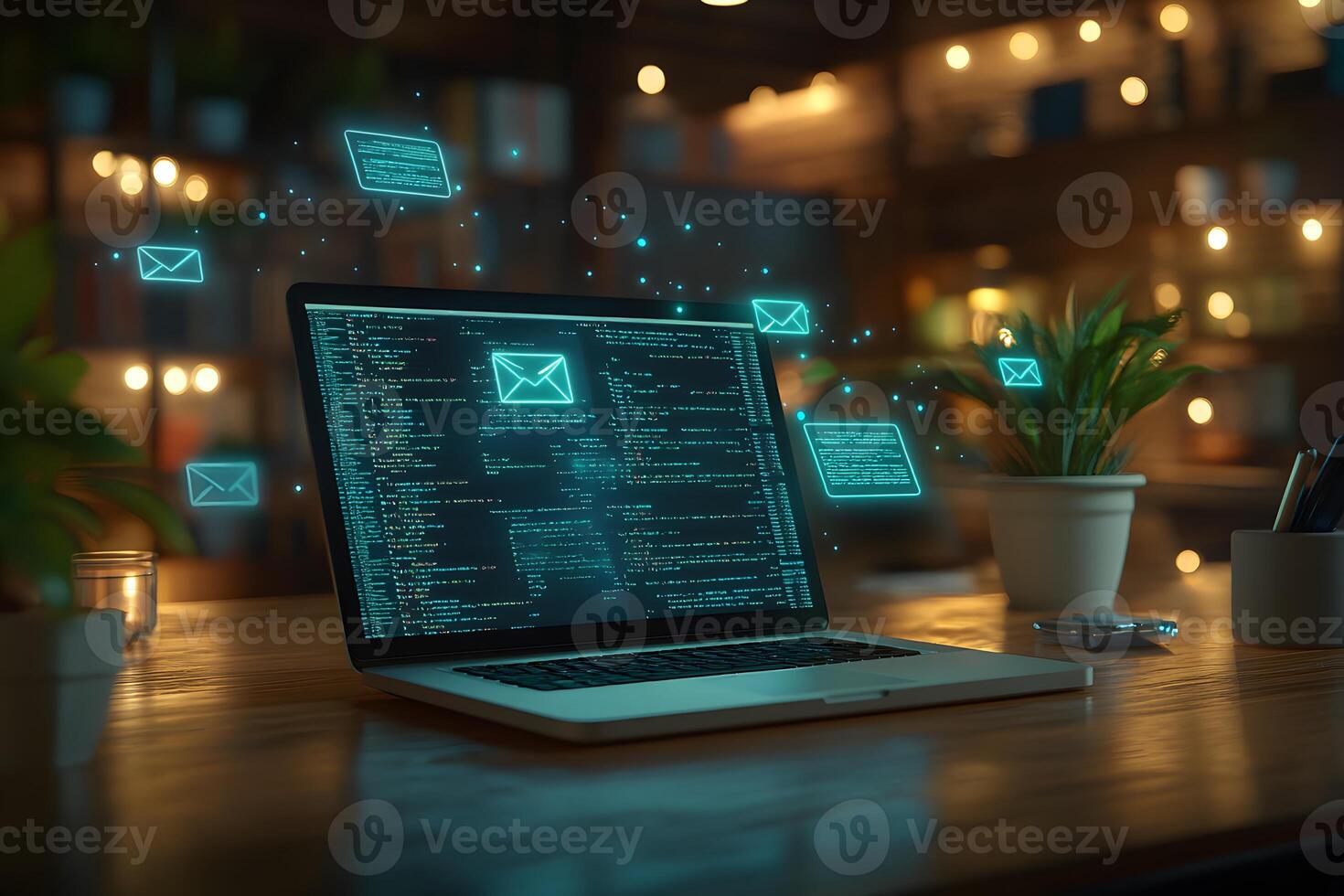 Digital Communication and Cybersecurity in a Cozy Workspace Setting photo