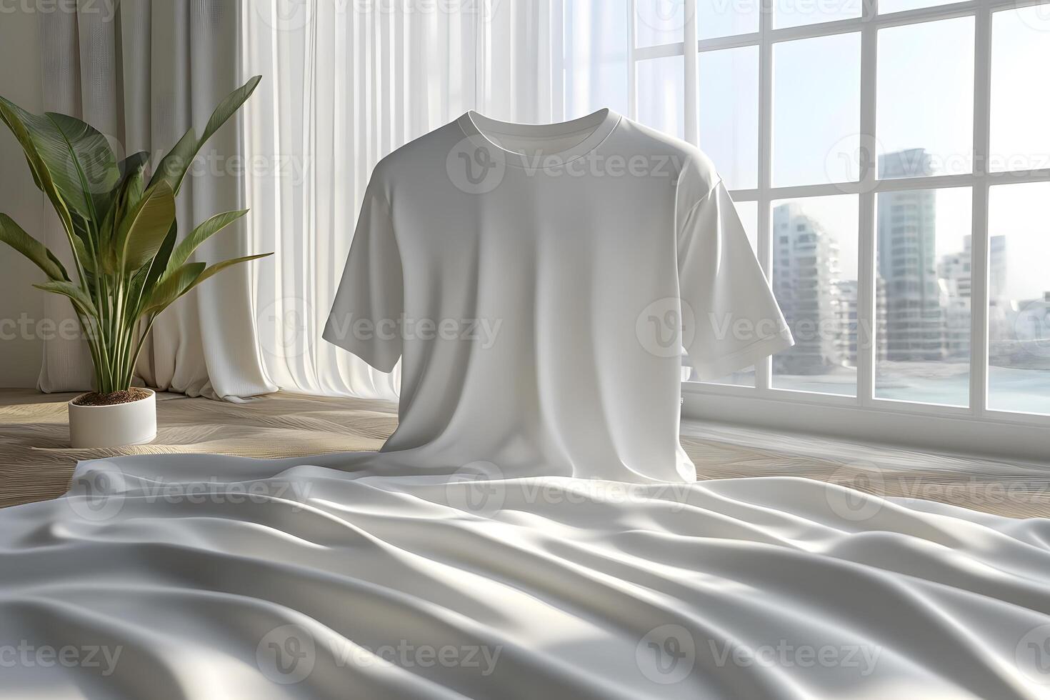 Minimalist White T-Shirt in Bright, Sunlit Modern Interior with City View photo