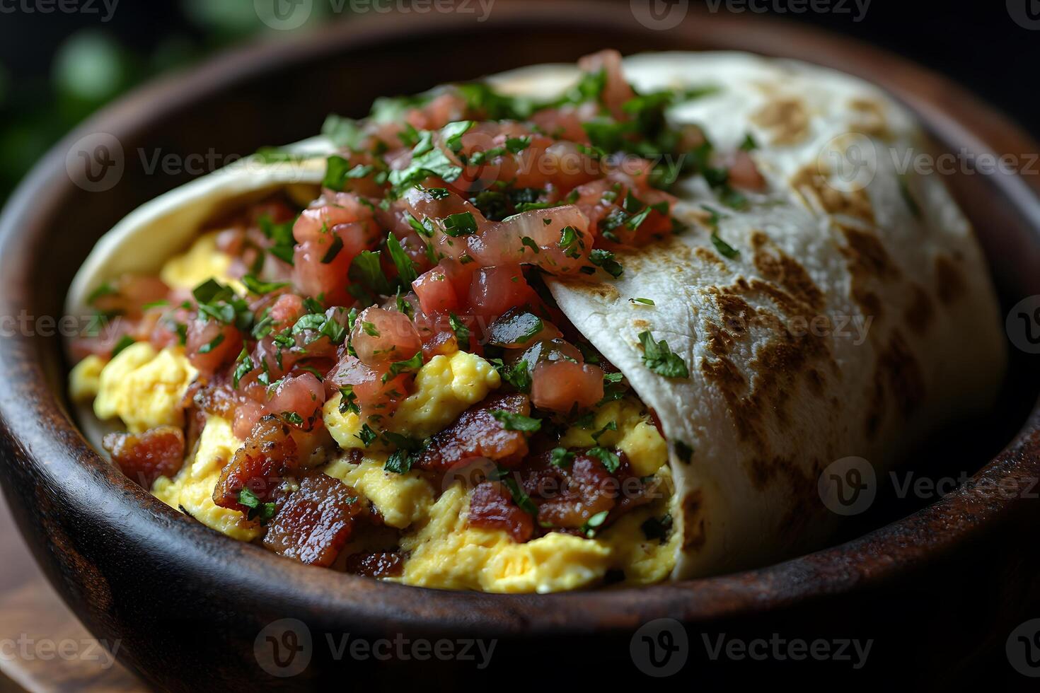 Delicious Breakfast Burrito with Scrambled Eggs, Bacon, and Fresh Salsa in a Rustic Bowl photo