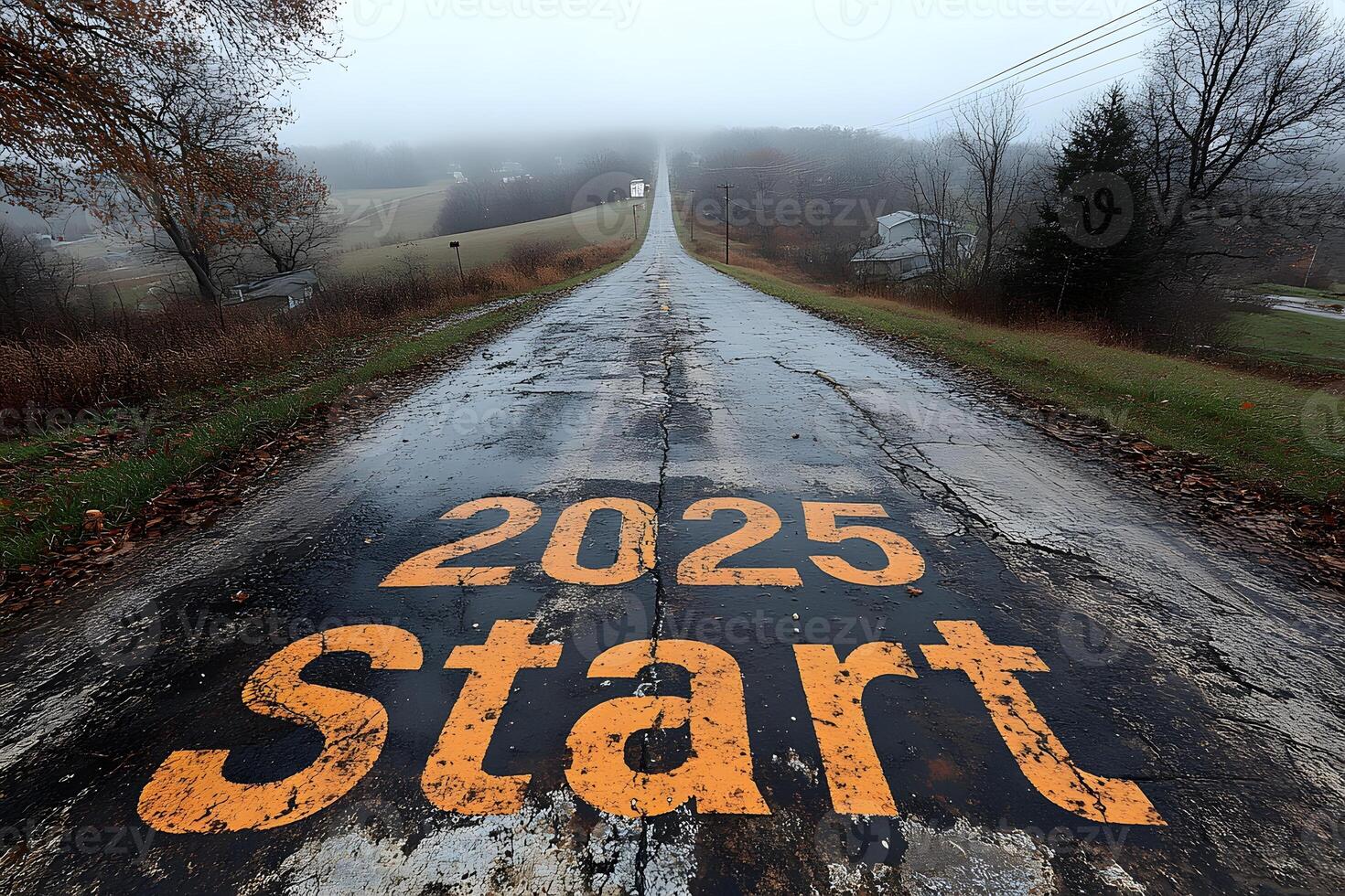2025 Start Line on Rural Foggy Roadway Marking New Beginnings photo
