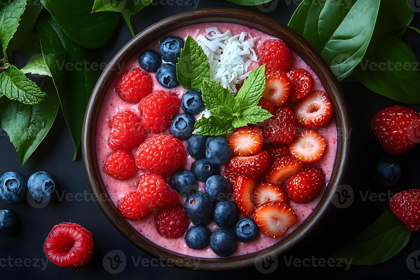 Fresh Berry Smoothie Bowl with Mint and Coconut Toppings for a Healthy Breakfast photo