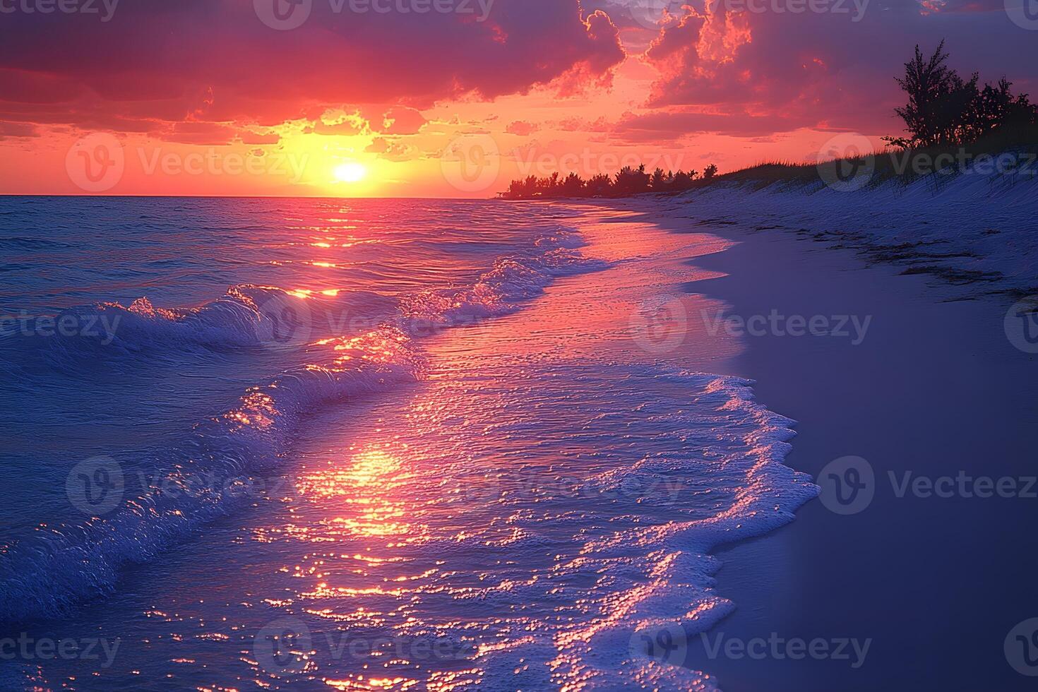 Serene Sunset Beach Scene with Vibrant Sky and Tranquil Waves for Relaxation Decor photo