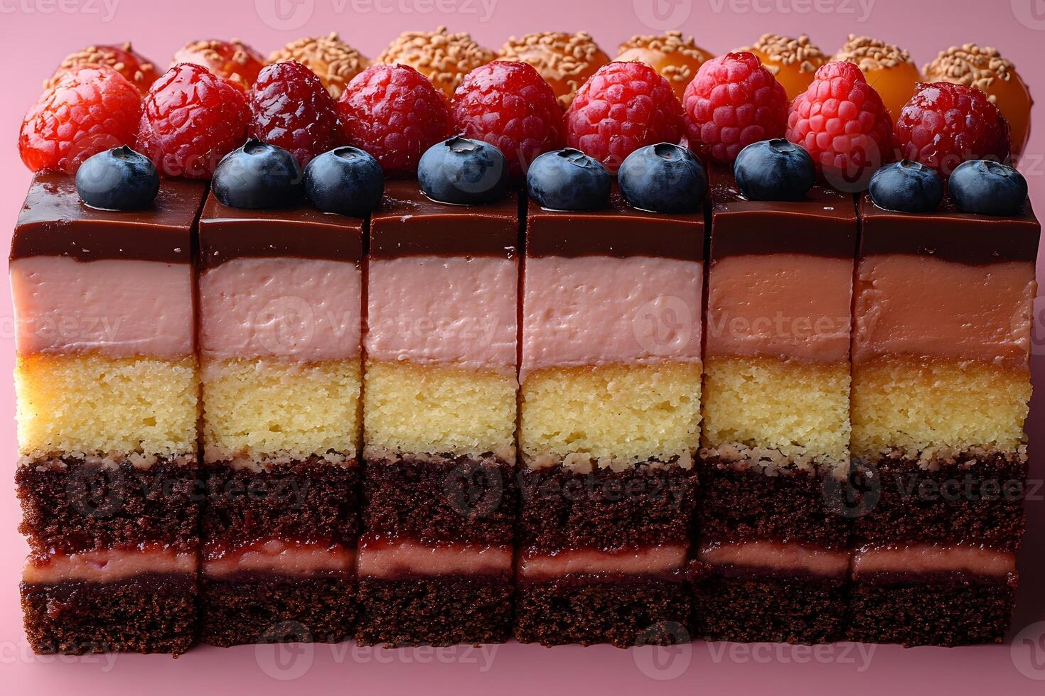 Gourmet Layered Chocolate Cake with Berries on Pink Background for Culinary Designs photo