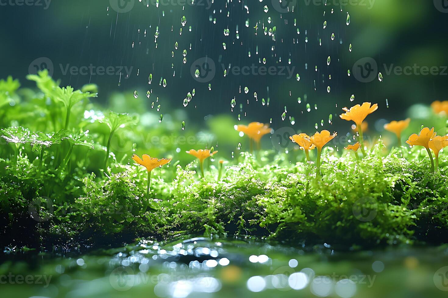 Fresh Spring Rain on Vibrant Greenery with Blooming Yellow Flowers for Nature Stock Photography photo