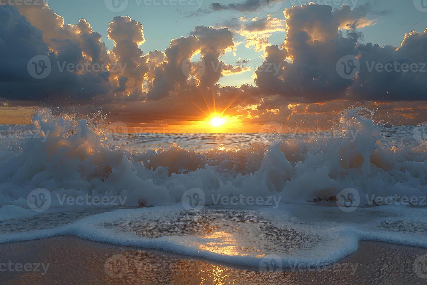 Dramatic Sunset Over Ocean Waves Serene Coastal Scene for Nature Photography photo