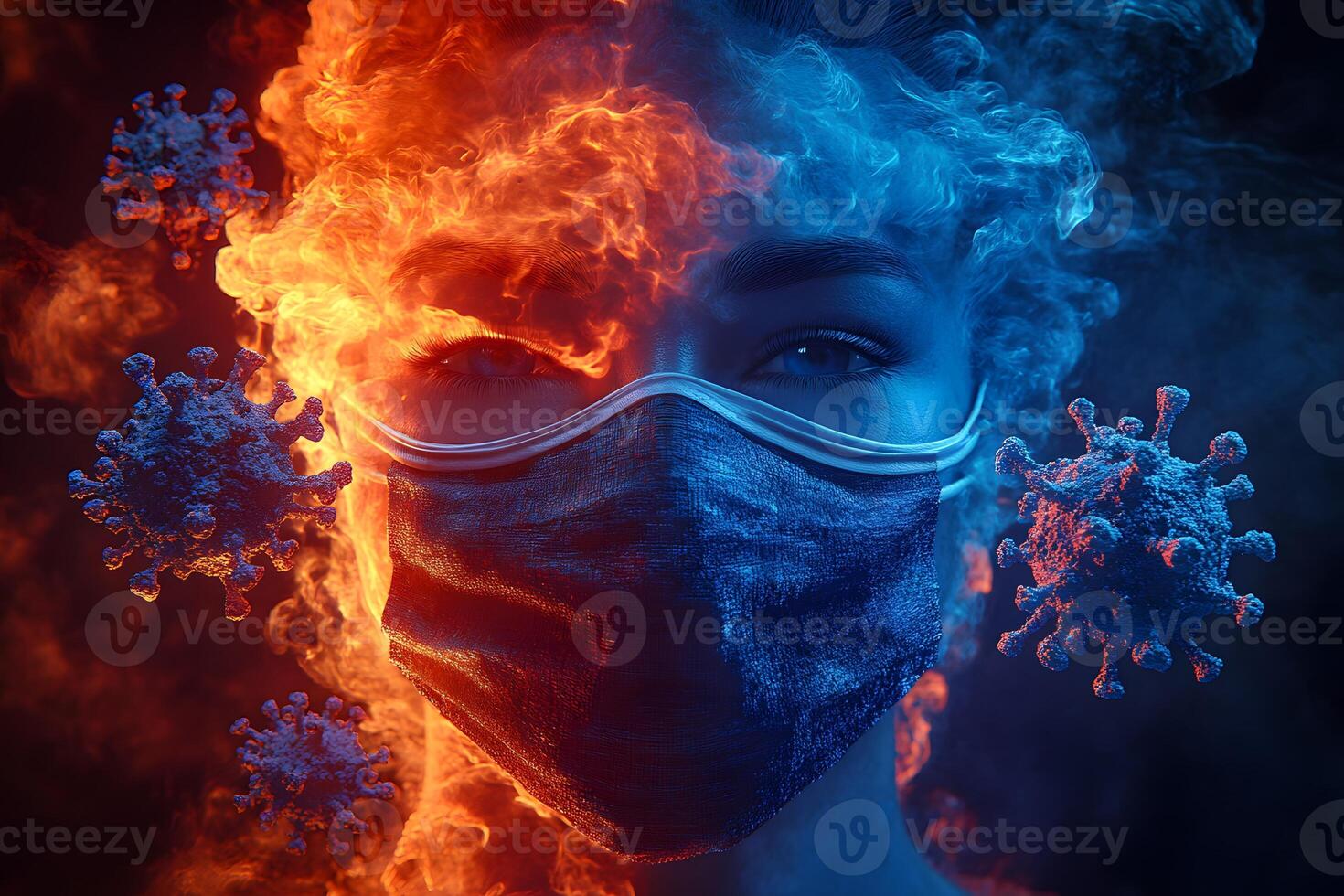 Duality of Fire and Ice with Face Mask and Virus Elements in Surreal Conceptual Art photo