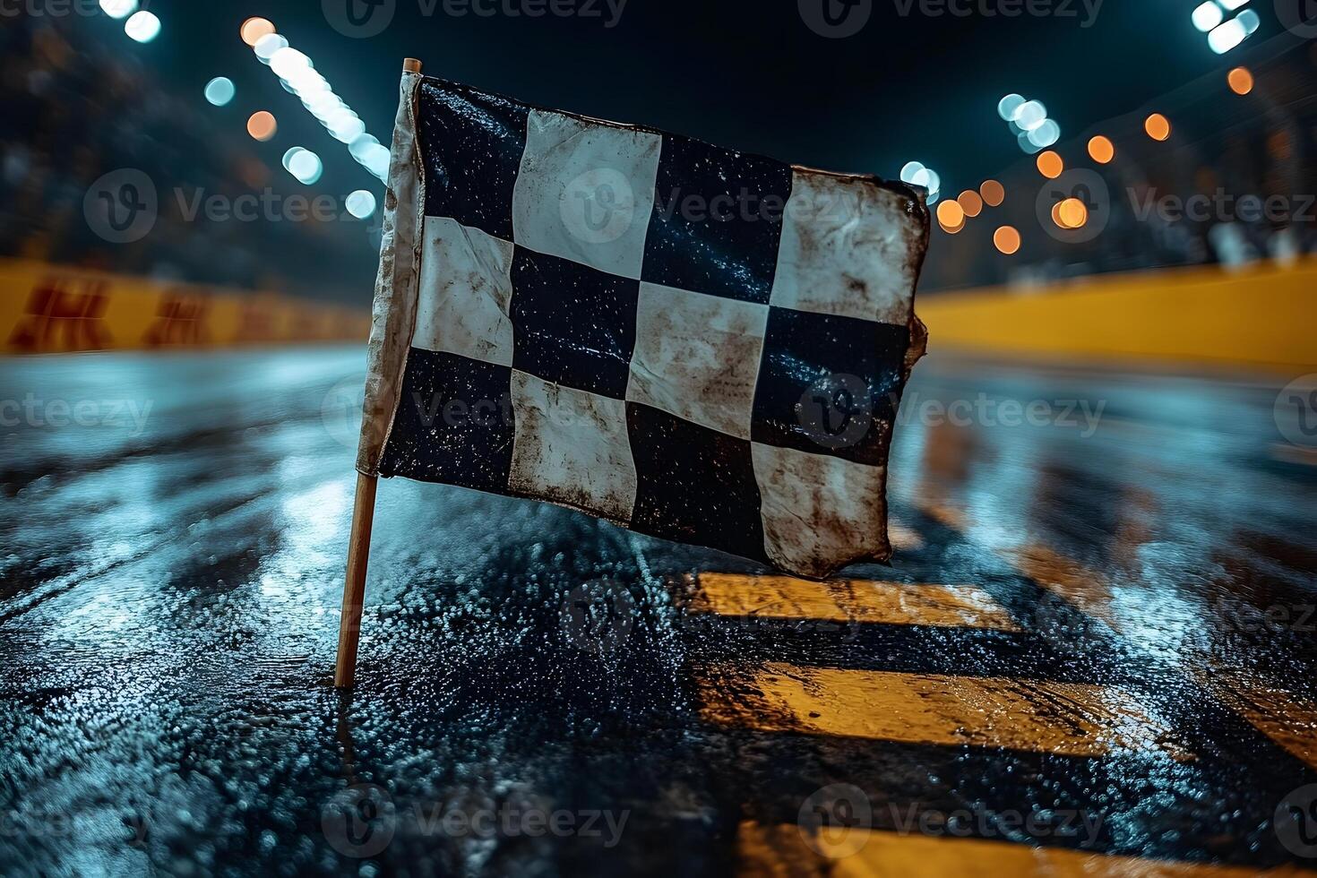 Nighttime Racing Event with Checkered Flag on Wet Track - Motorsport Victory Scene photo
