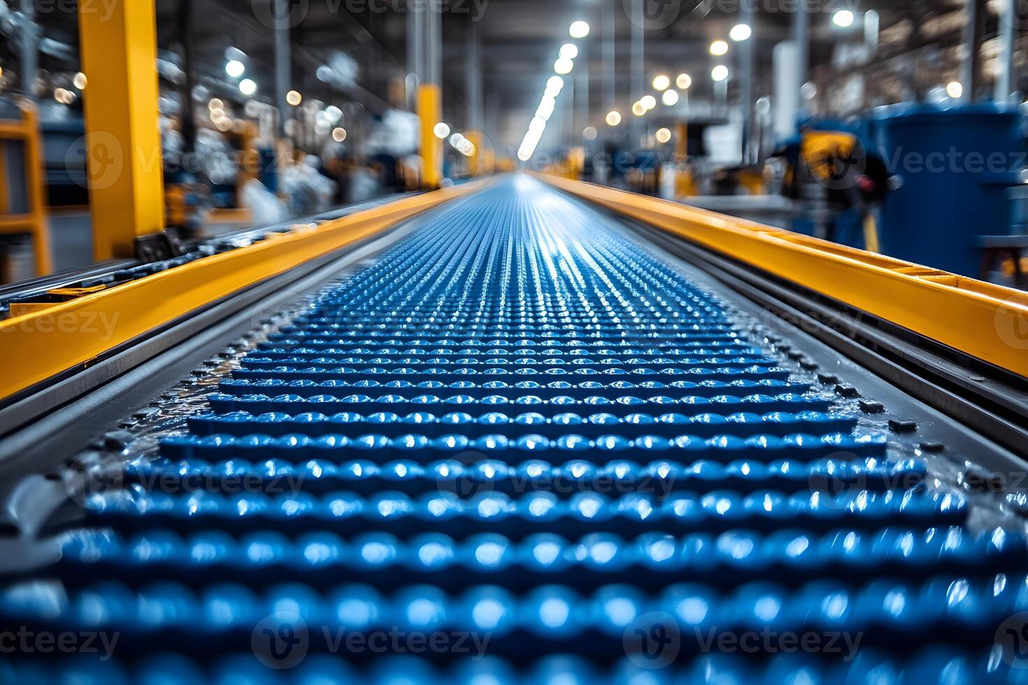 Modern Conveyor Belt in Beverage Factory Captured with Depth of Field for Industrial Design photo