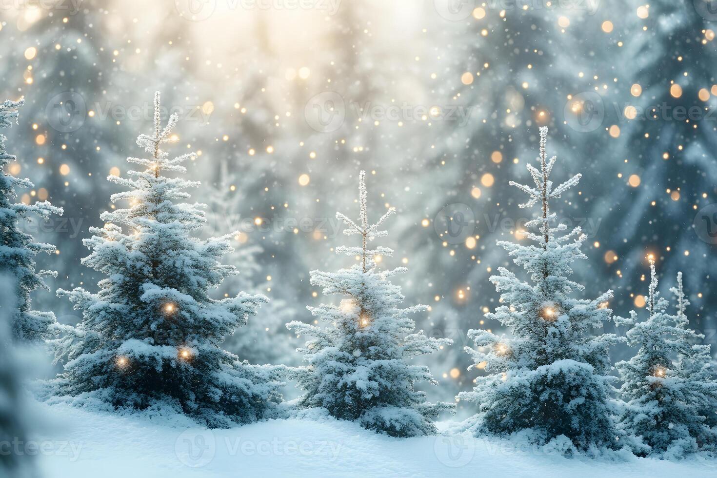 Magical Winter Wonderland with Snow-Covered Trees and Bokeh Lights photo