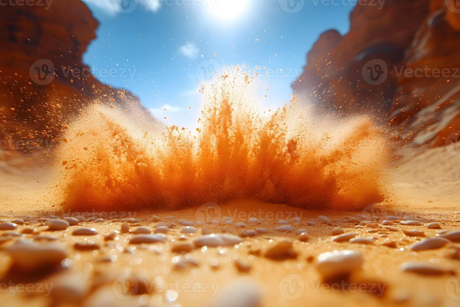 Dynamic Sand Explosion in Bright Desert Landscape for Nature Photography Design photo