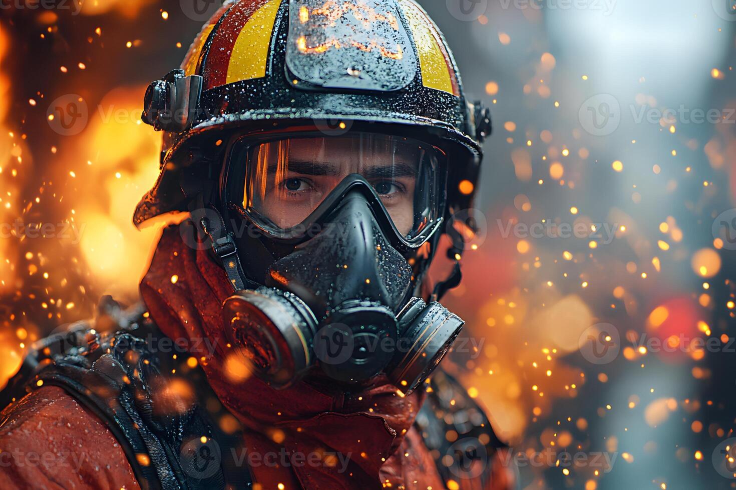 Brave Firefighter in Action Amidst Flames and Sparks for Emergency Response Themes photo