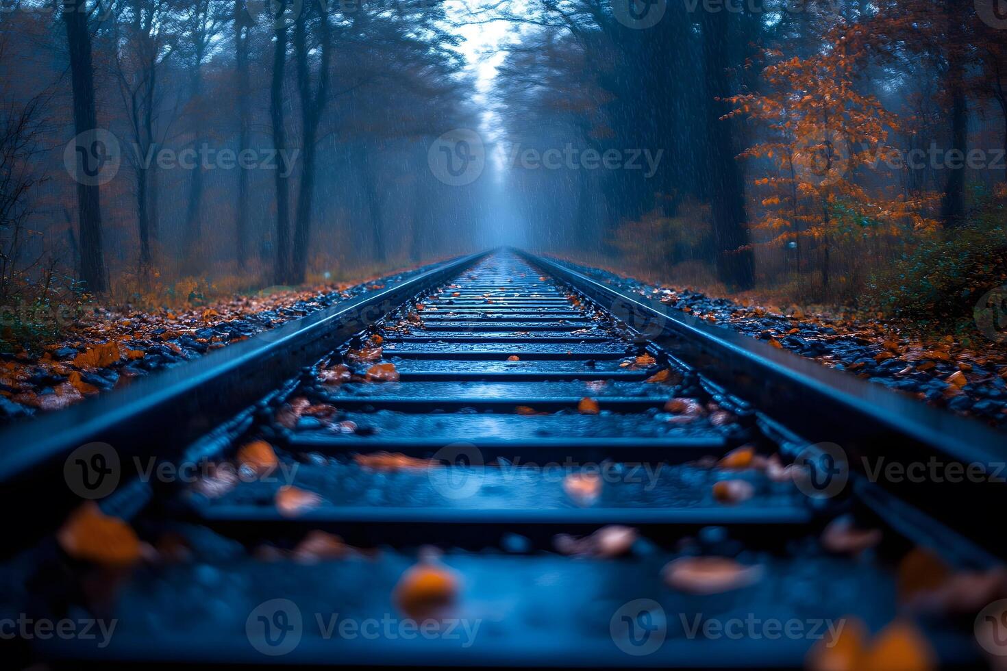 Moody Autumn Railway Scene with Falling Leaves and Misty Atmosphere photo
