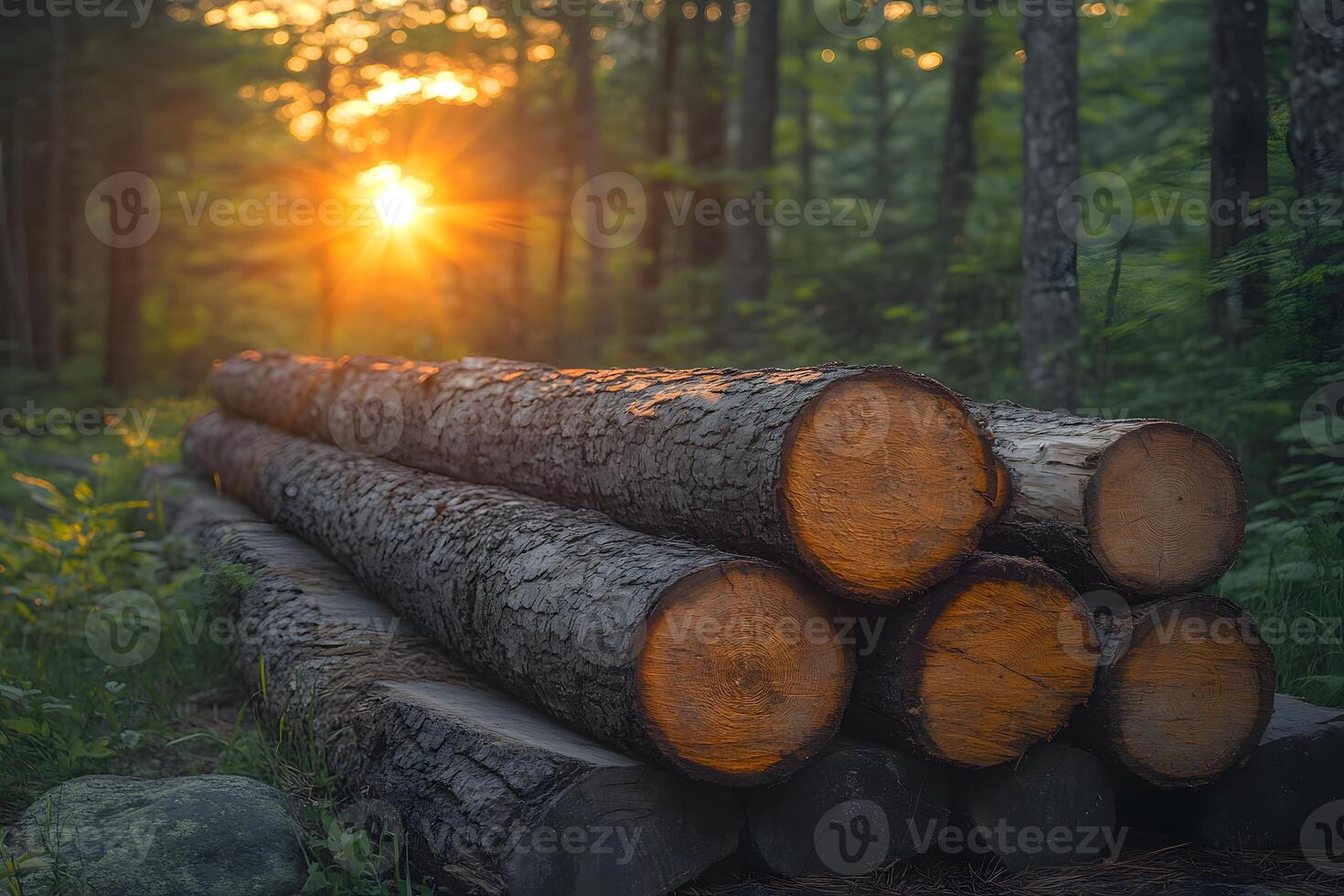 Sunset Over Timber Logs in a Forest Nature's Tranquil Evening Scene for Environmental Awareness photo