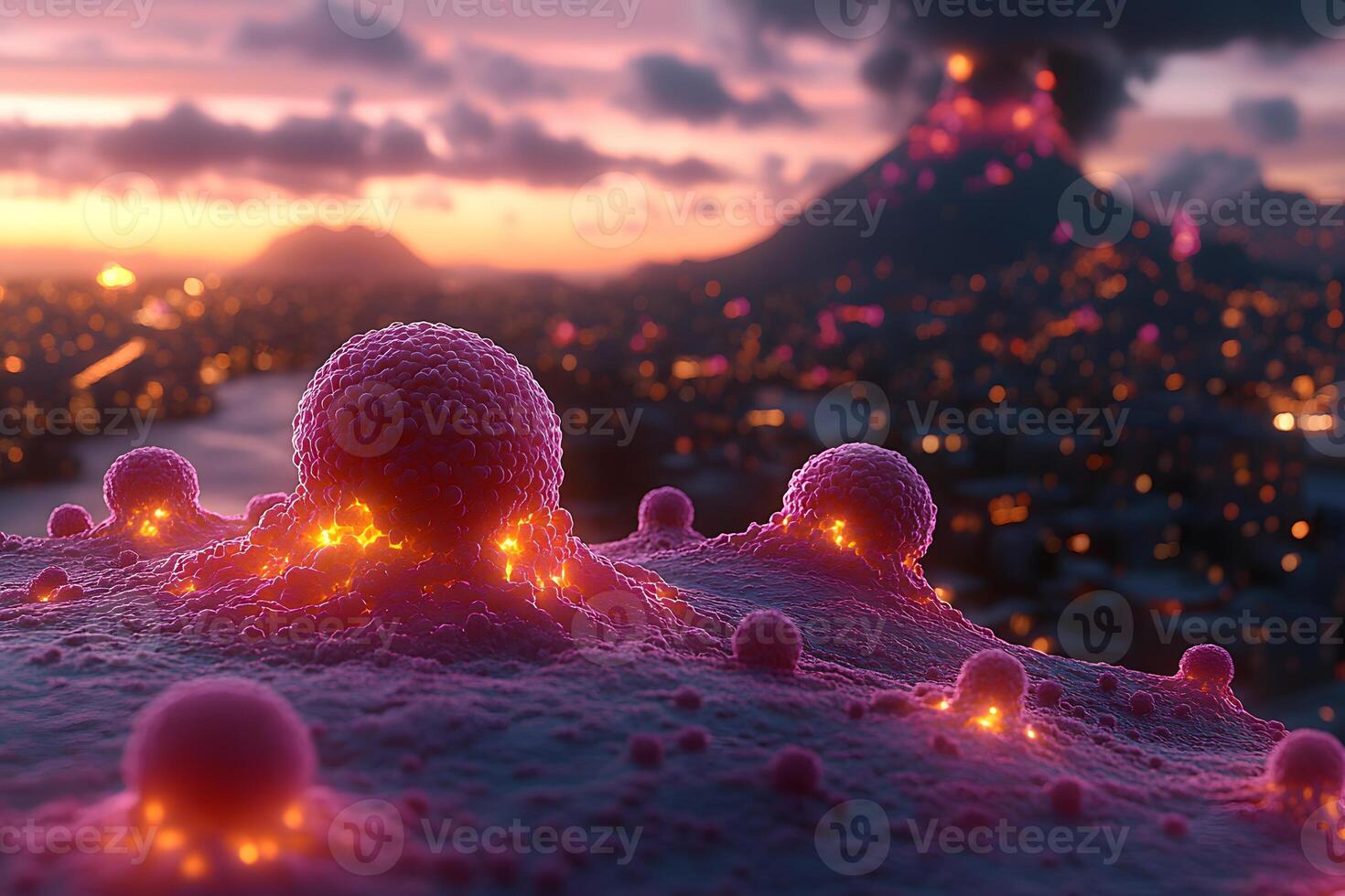 Futuristic Volcanic Landscape at Sunset with Molten Terrain and Glowing Elements for Sci-Fi Designs photo