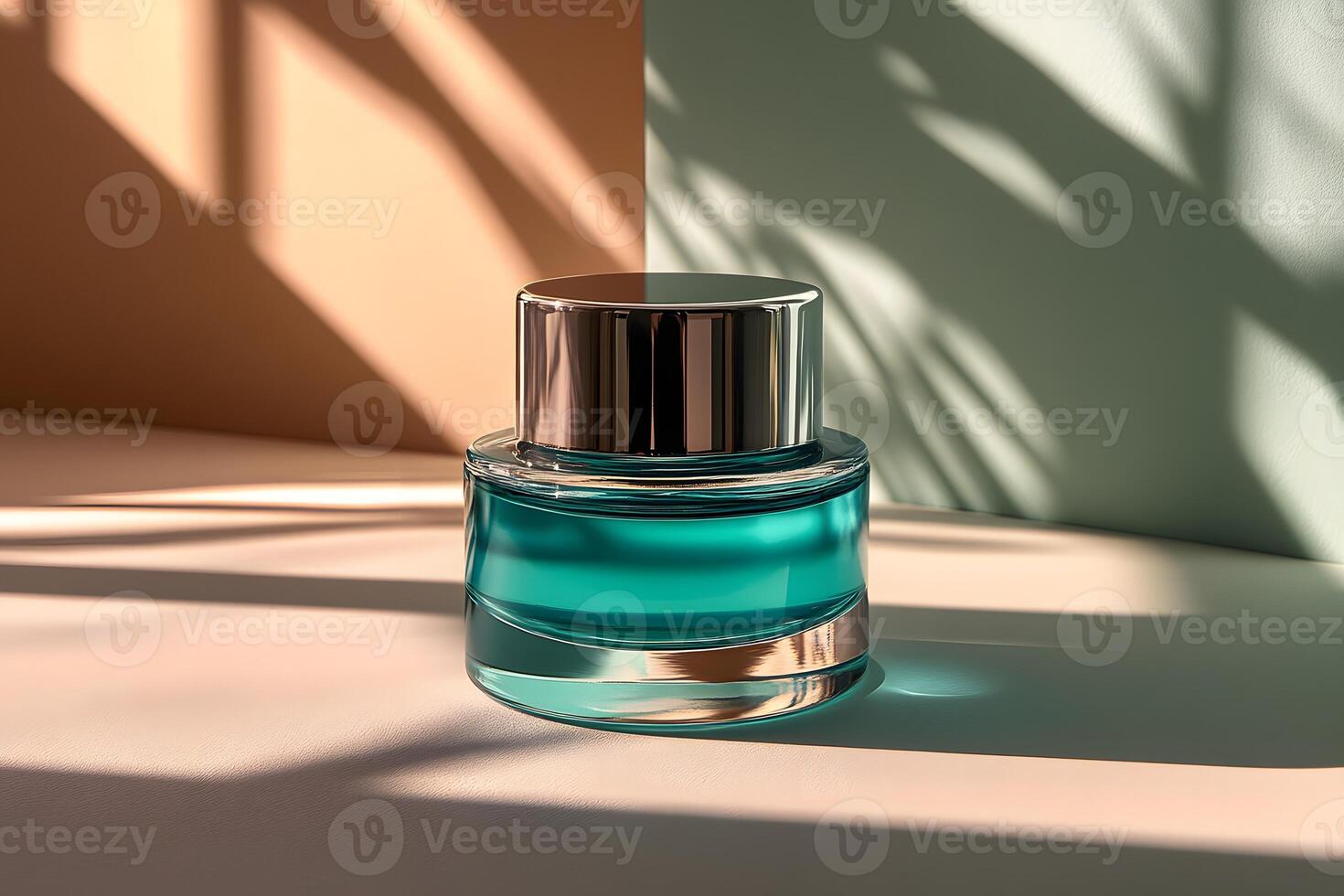 Luxurious Blue Perfume Bottle Against Modern Minimalist Background for Stylish Design photo