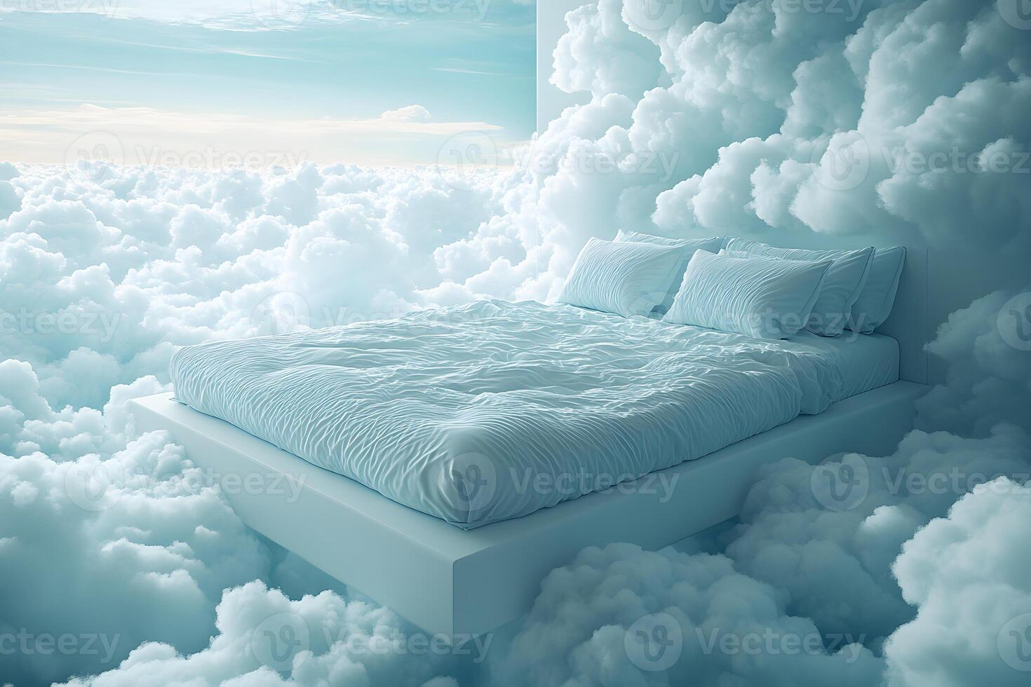 Dreamlike Floating Bed in Cloudscape - Surreal Fantasy Concept for Wall Art or Print Design photo