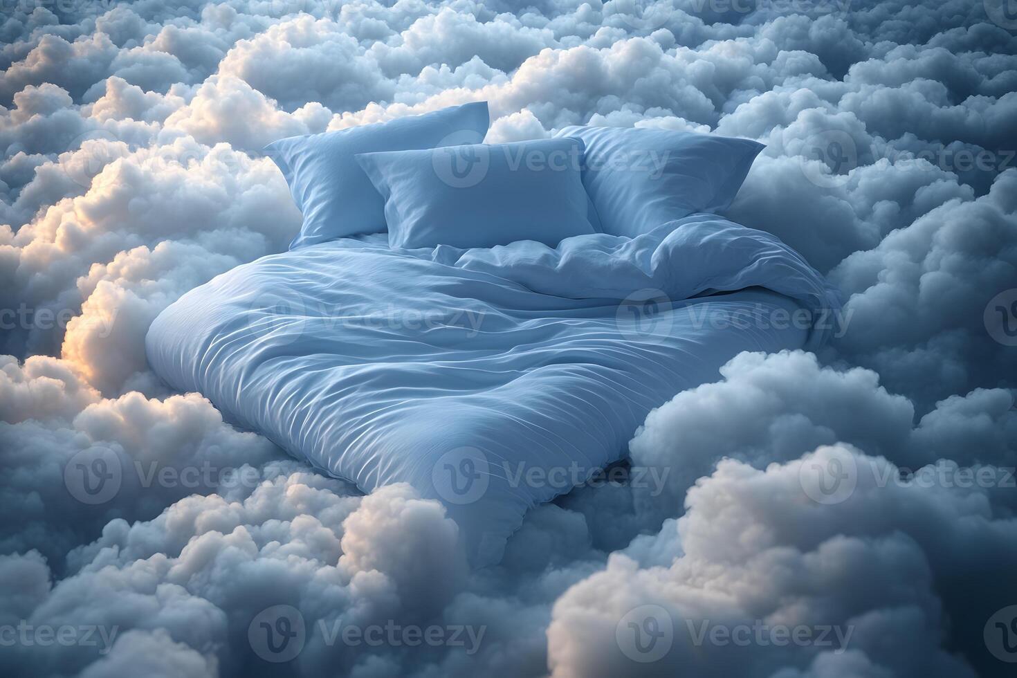 Tranquil Bed in Dreamlike Cloudscape - Surreal Conceptual Image for Imagination Design photo