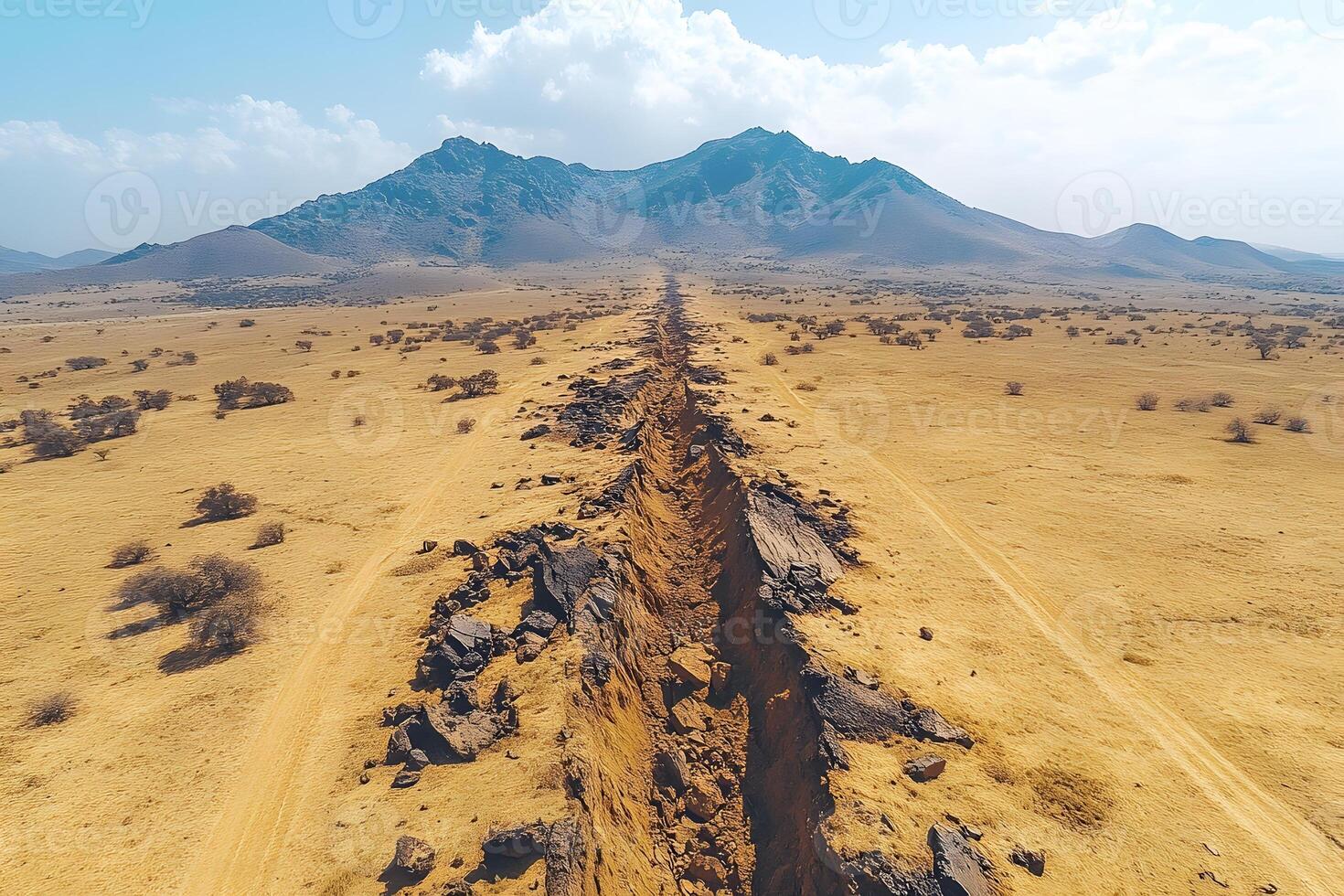 Dramatic Aerial View of Deserted Mountain Landscape with Deep Crevice photo