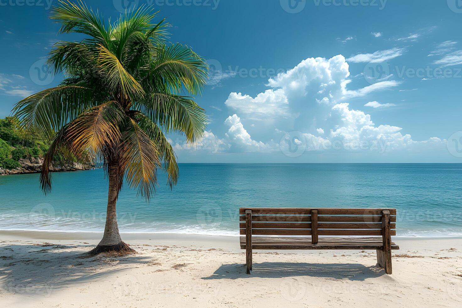 Tropical Beach Retreat with Palm Tree and Wooden Bench for Relaxation and Scenic Views photo