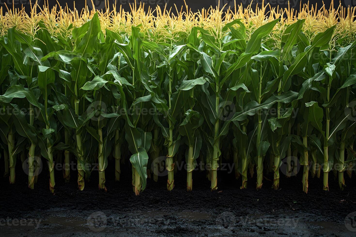Lush Cornfield with Mature Golden Tassels Under Dark Sky photo