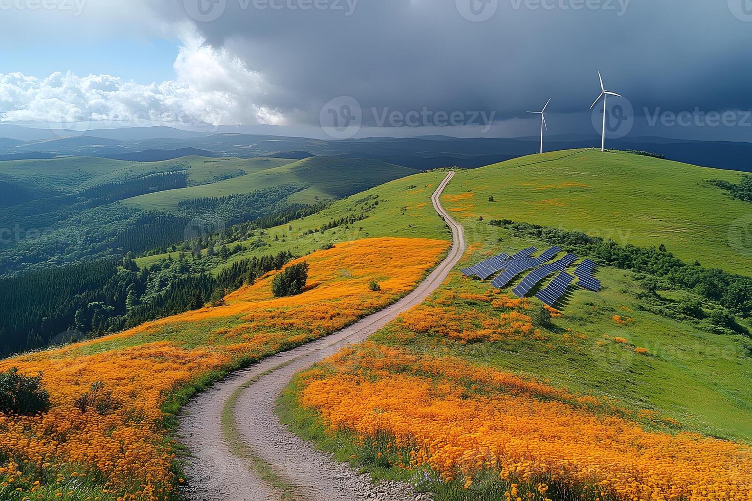 Scenic Landscape with Wind Turbines and Solar Panels on Rolling Hills in Bloom photo