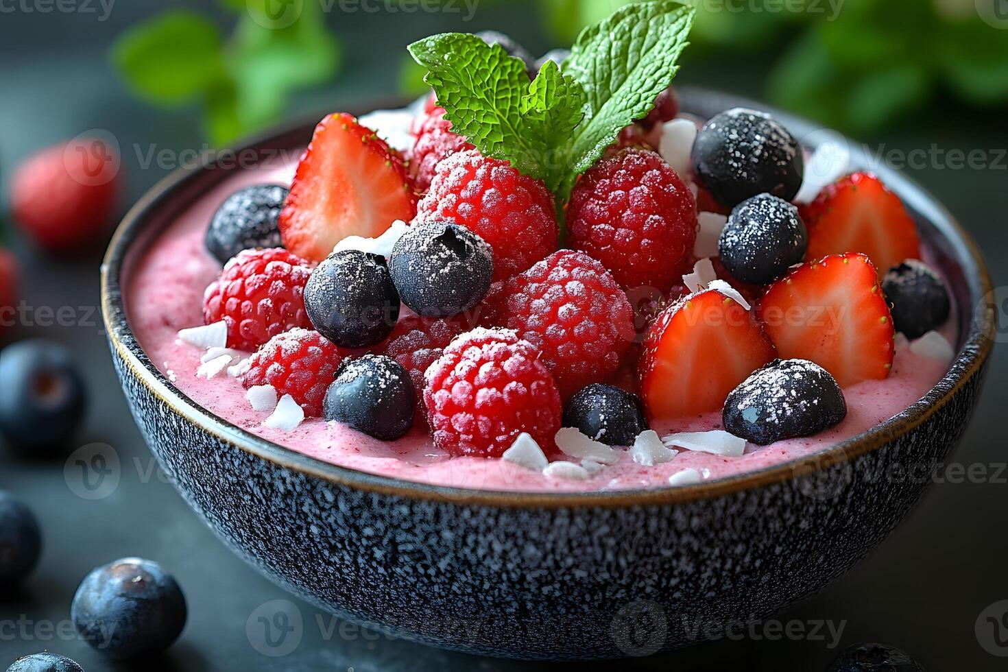 Refreshing Mixed Berry Smoothie Bowl with Fresh Mint Garnish for Summer Delight photo