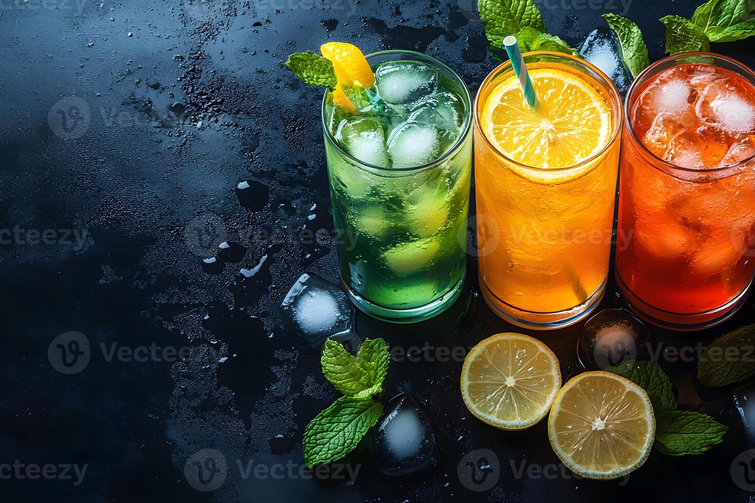 Refreshing Citrus and Mint Summer Drinks on Dark Background for Beverage Design photo