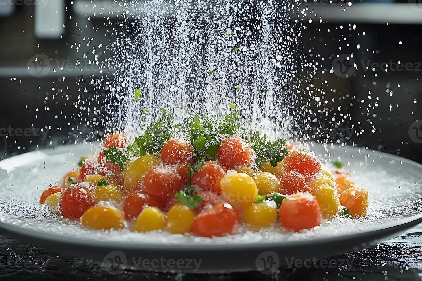 Vibrant Cherry Tomato Salad with Water Splash for Freshness and Culinary Inspiration photo