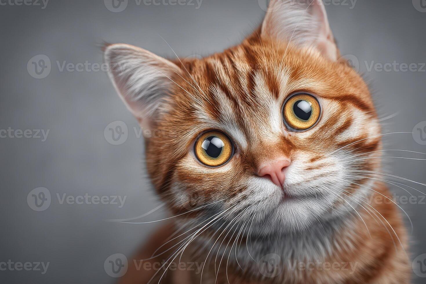 A ginger cat with large, expressive eyes sits attentively while looking directly at the camera. The warm colors of its fur contrast beautifully with the neutral background, creating an engaging image. photo