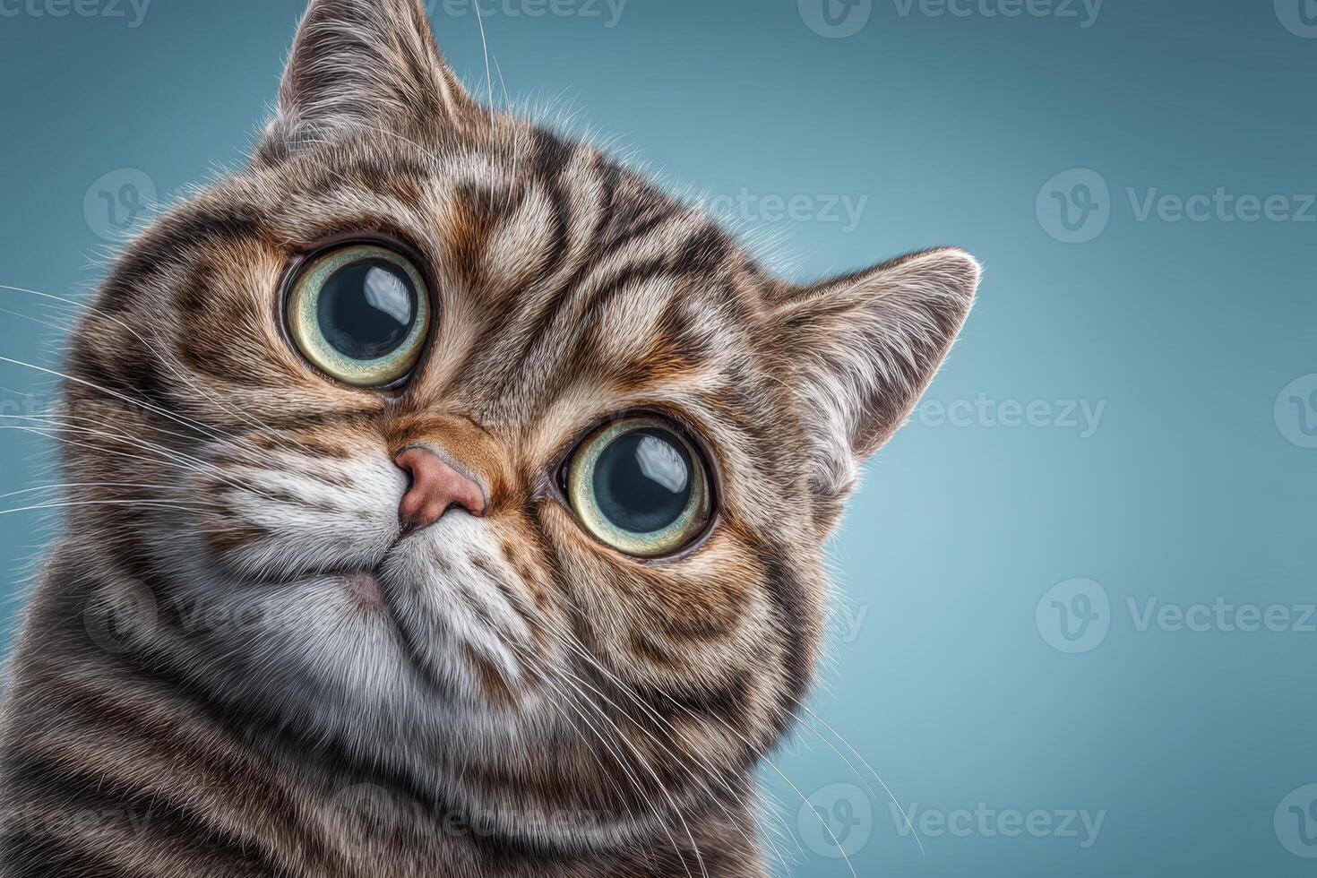 A striped cat gazes curiously at the viewer with its large, round eyes, set against a smooth blue backdrop. The cats expression is engaging and playful, showcasing its adorable features. photo