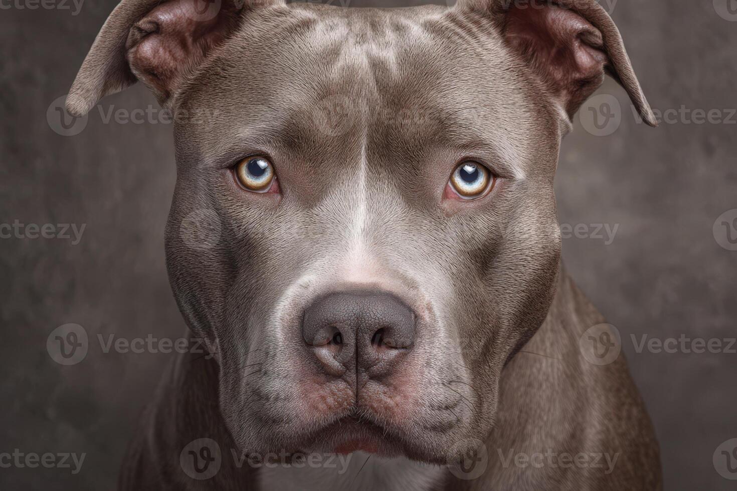 A pitbull sits calmly, showcasing its strong features and expressive eyes. The background is dark and neutral, emphasizing the dogs smooth fur and thoughtful expression in a close-up shot. photo