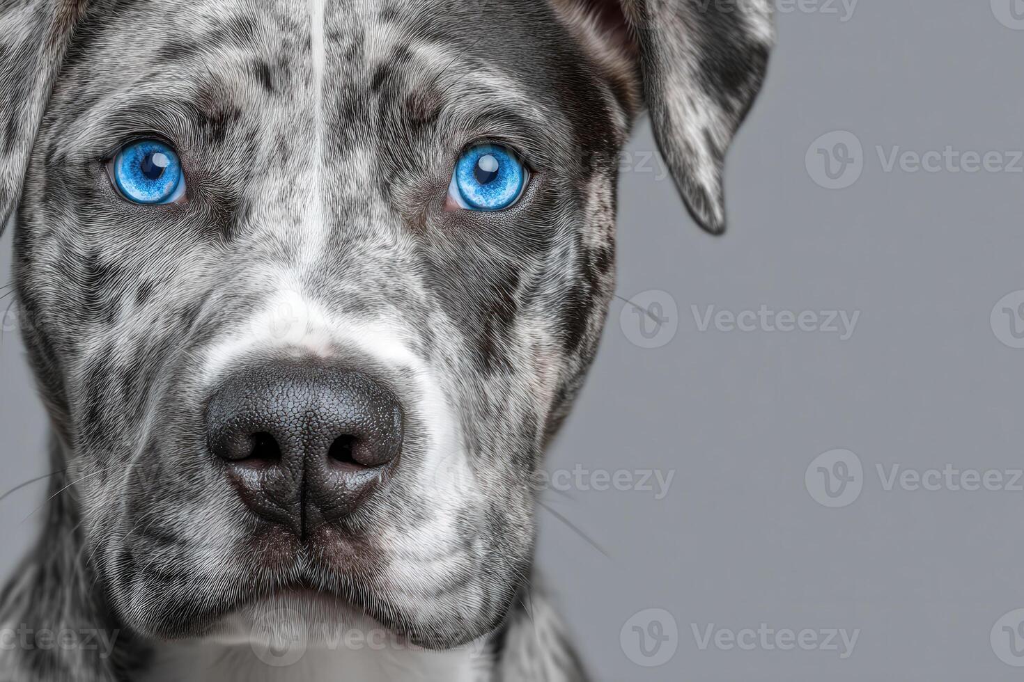This captivating dog features a mix of gray and white fur and stunning blue eyes. It stands still, showcasing its expressive face against a plain gray backdrop. photo