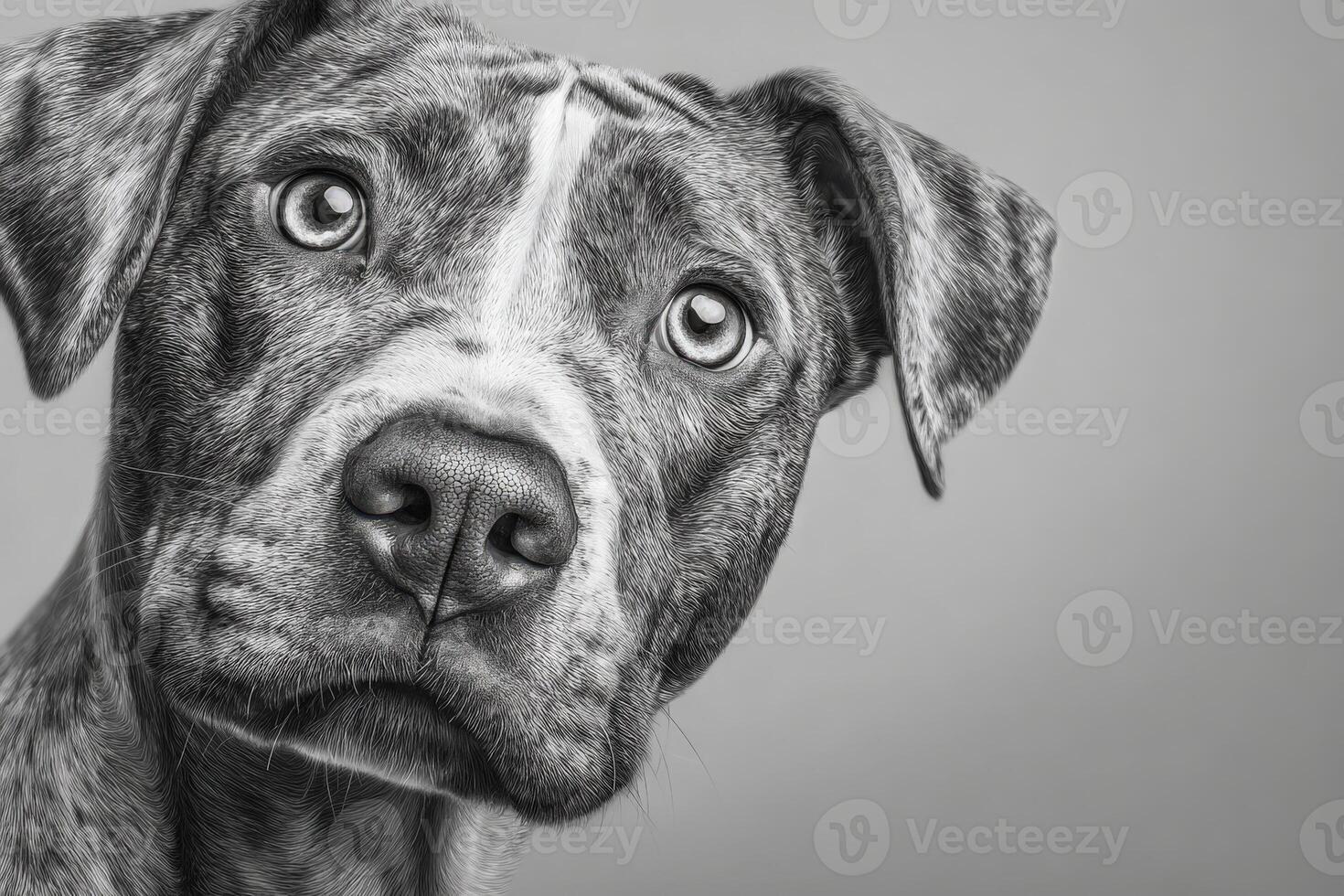A close-up of a dogs face highlights its soulful eyes and distinct fur pattern. The black and white setting enhances the dogs expressive features and emotions. photo